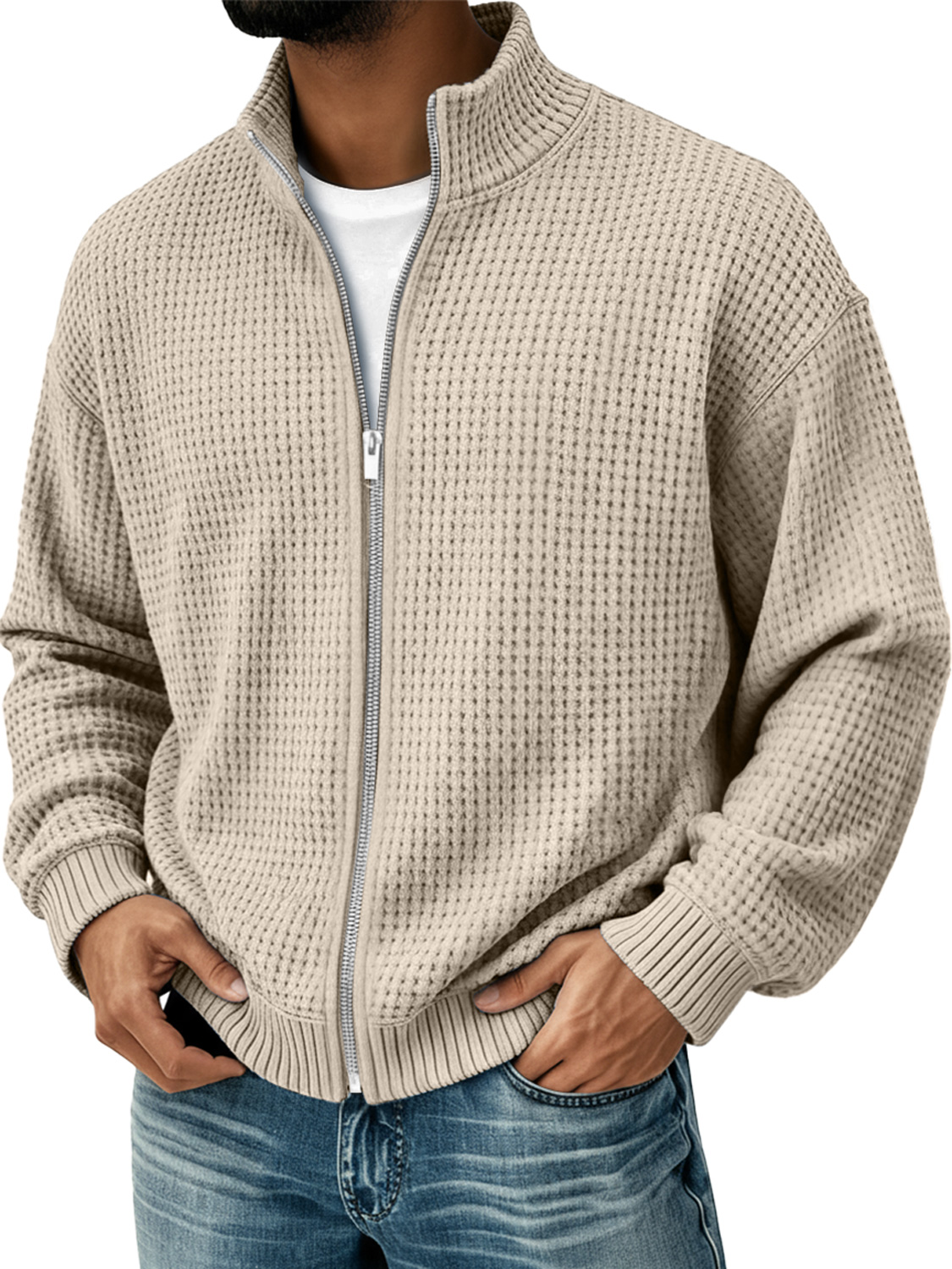 Herren Einfacher Stehkragen Waffel Freizeit Zip-Up Jacke-deurabatt