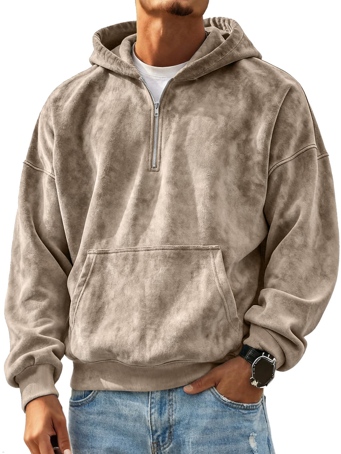 Retro-Freizeit-Kapuzenpullover aus Wildleder für Herren mit Reißverschluss-deurabatt