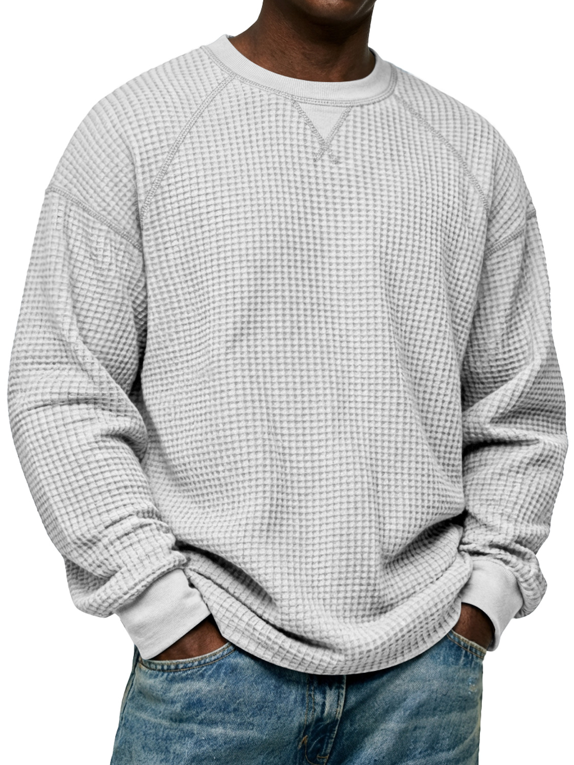 Herren Einfaches Waffelstrick Rundhals Raglanärmel Langarm-T-Shirt-deurabatt
