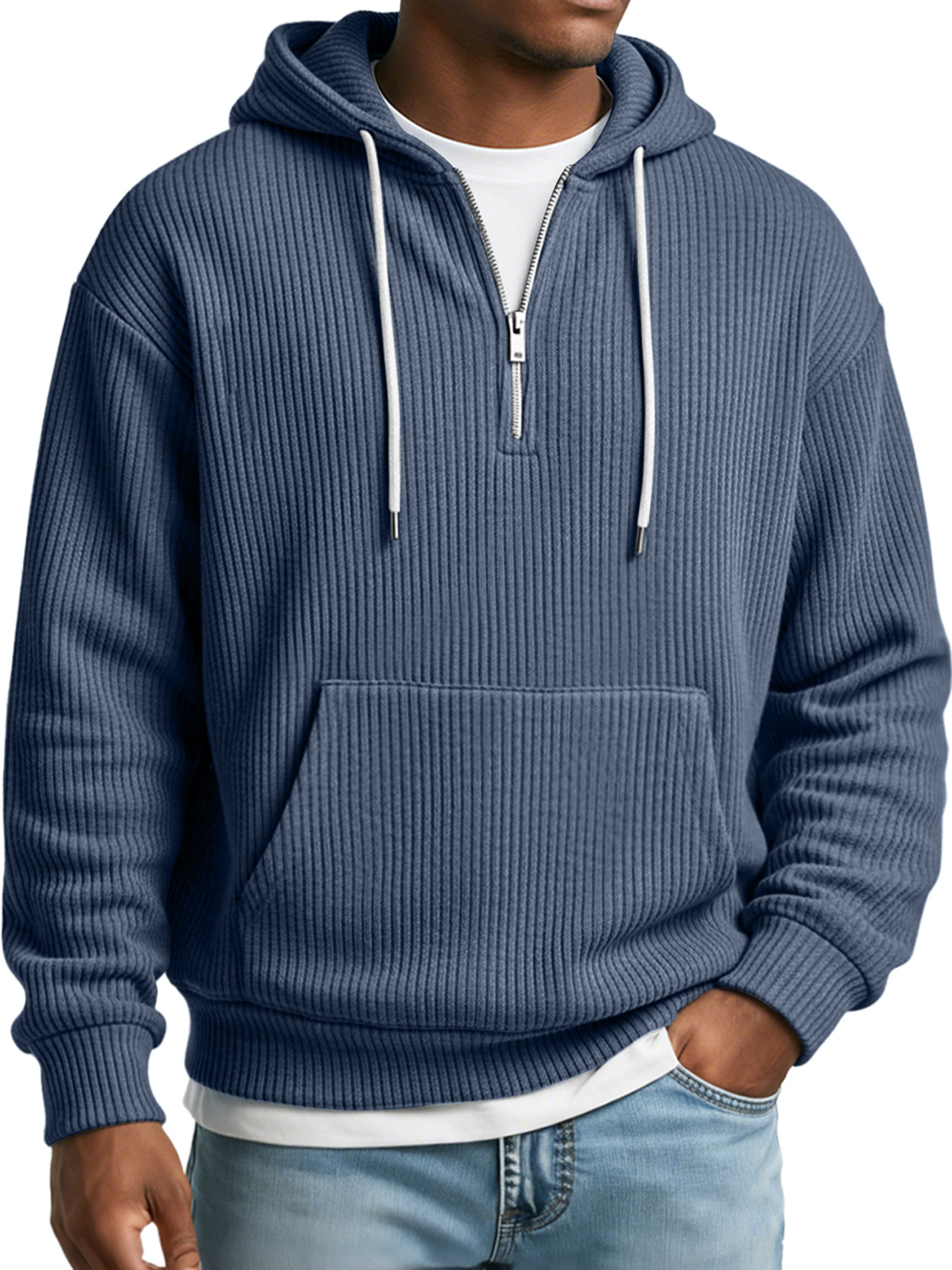 Herren Einfaches Geripptes Texturiertes Kapuzen-Sweatshirt mit Reißverschluss in Lässiger Lockere Passform-ZierMode