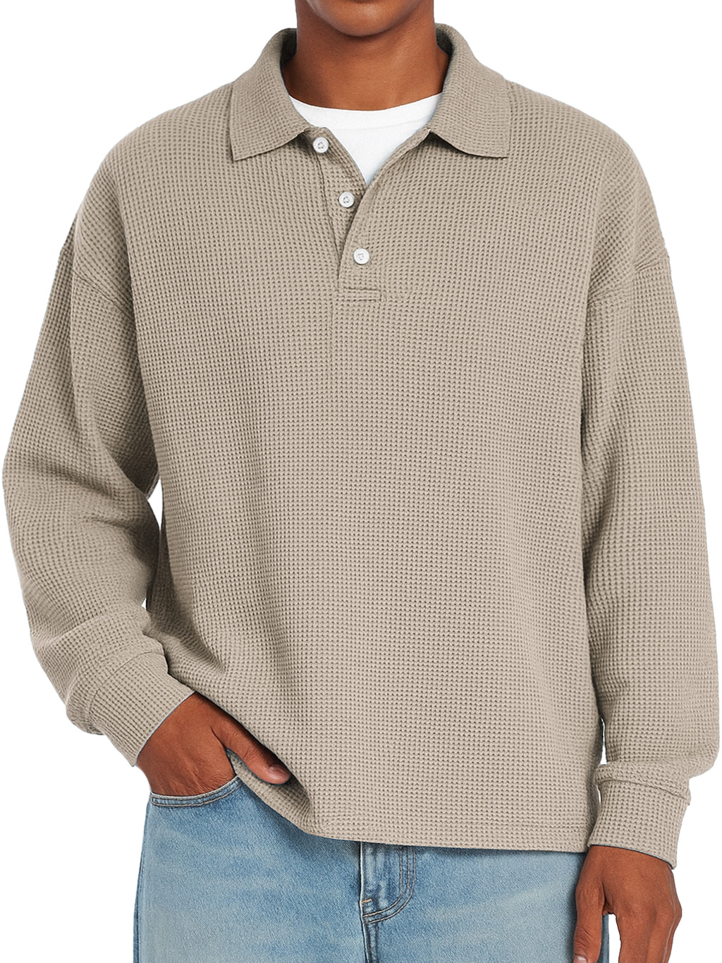 Herren Daily Waffle Freizeit Revers Knopf Locker Langarm Polohemd-deurabatt
