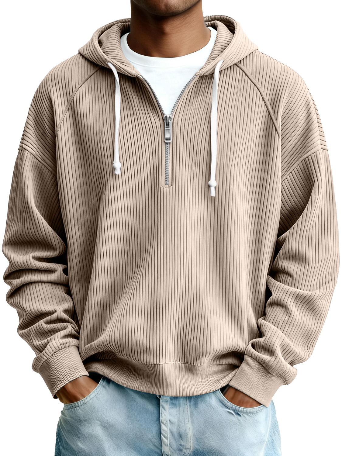 Herren Einfaches Rippstrick Reißverschluss Kapuzen Sweatshirt-deurabatt