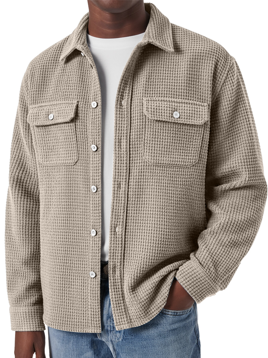 Herren Retro Waffel Doppel Taschen Lässige Lockere Langarmshirt-deurabatt