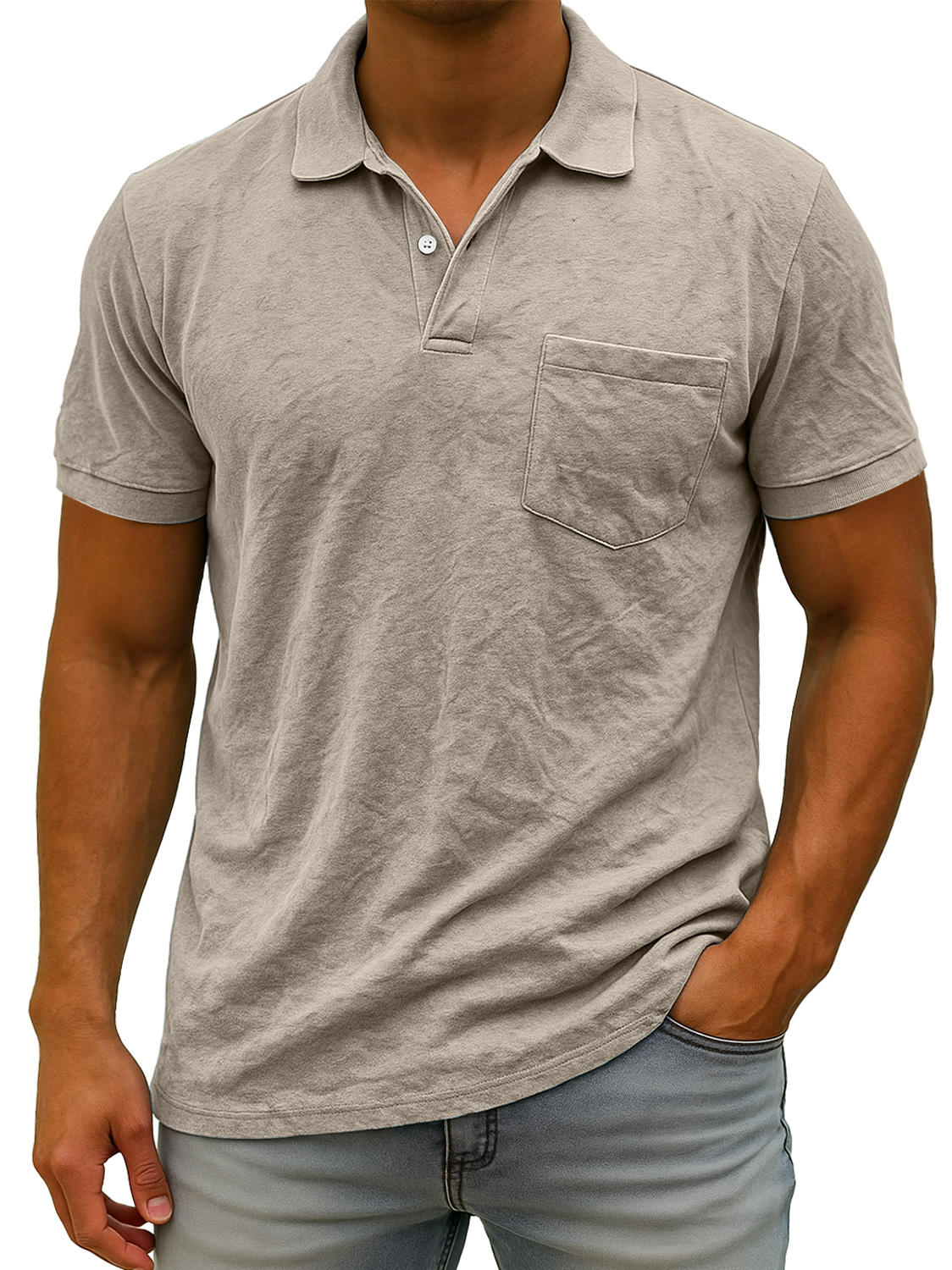 Herren Daily Wildleder Freizeit Revers Tasche Komfort Kurzarm POLO Hemd-deurabatt