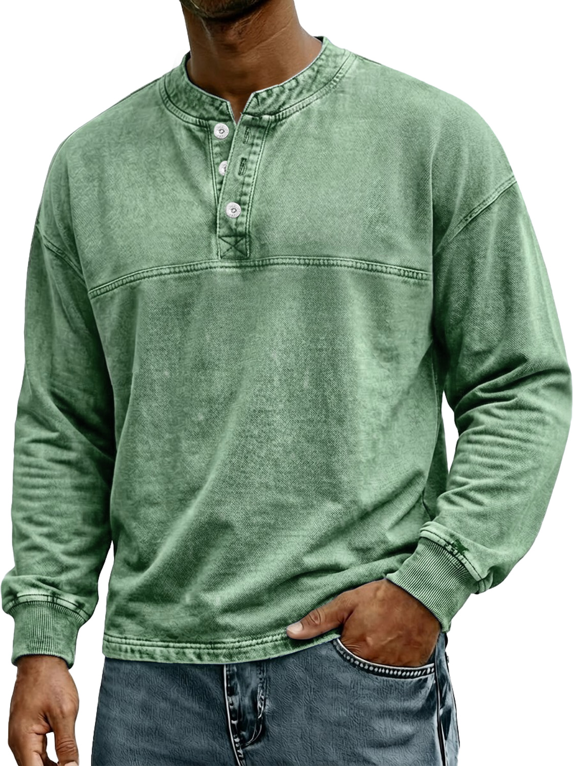 Herren Retro-Stil Stehkragen Knopf Freizeit Langarm Henley Hemd-deurabatt