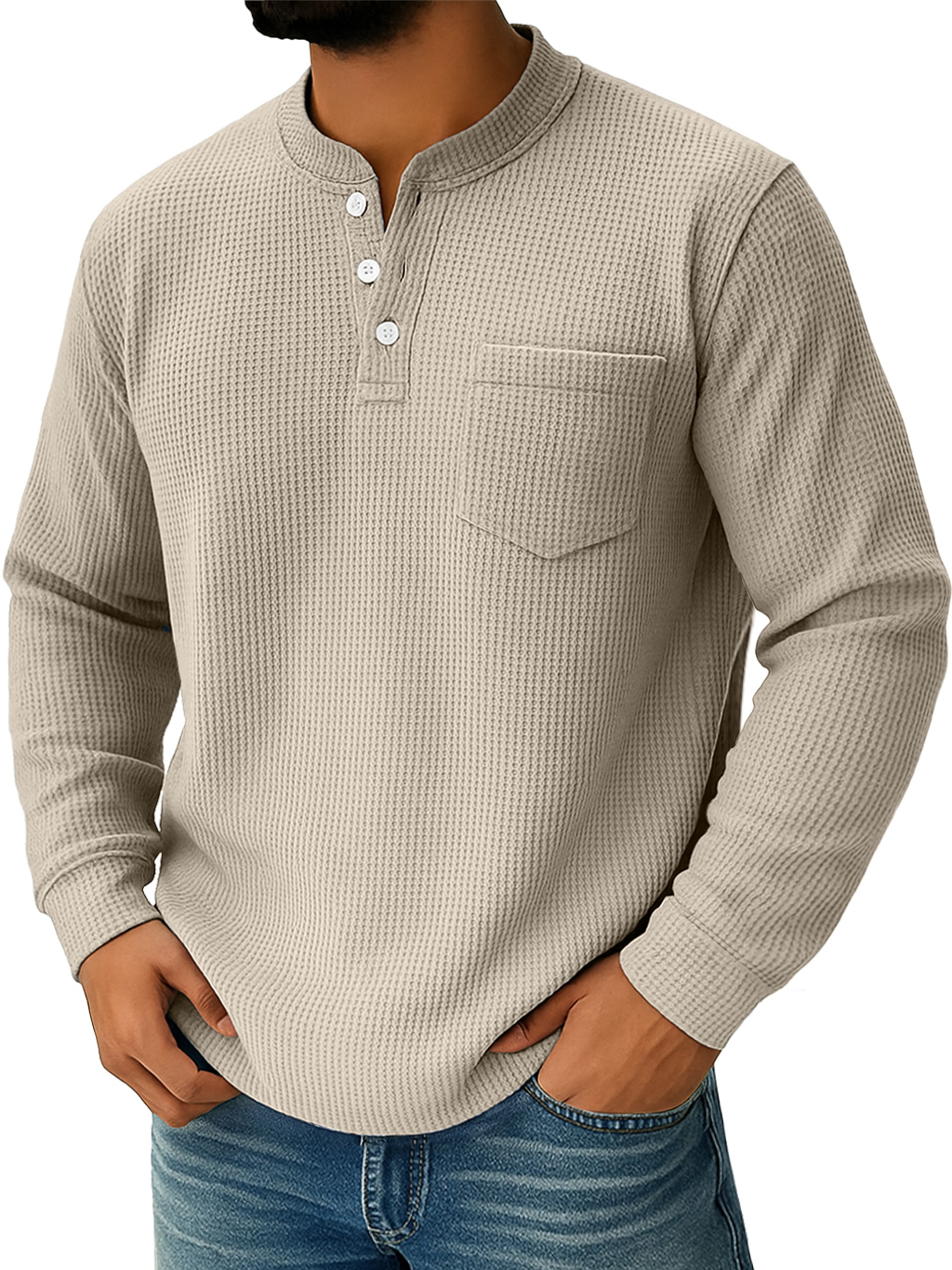 Herren Alltags Waffelkragen Button-Down Freizeit Langarm Henley-deurabatt
