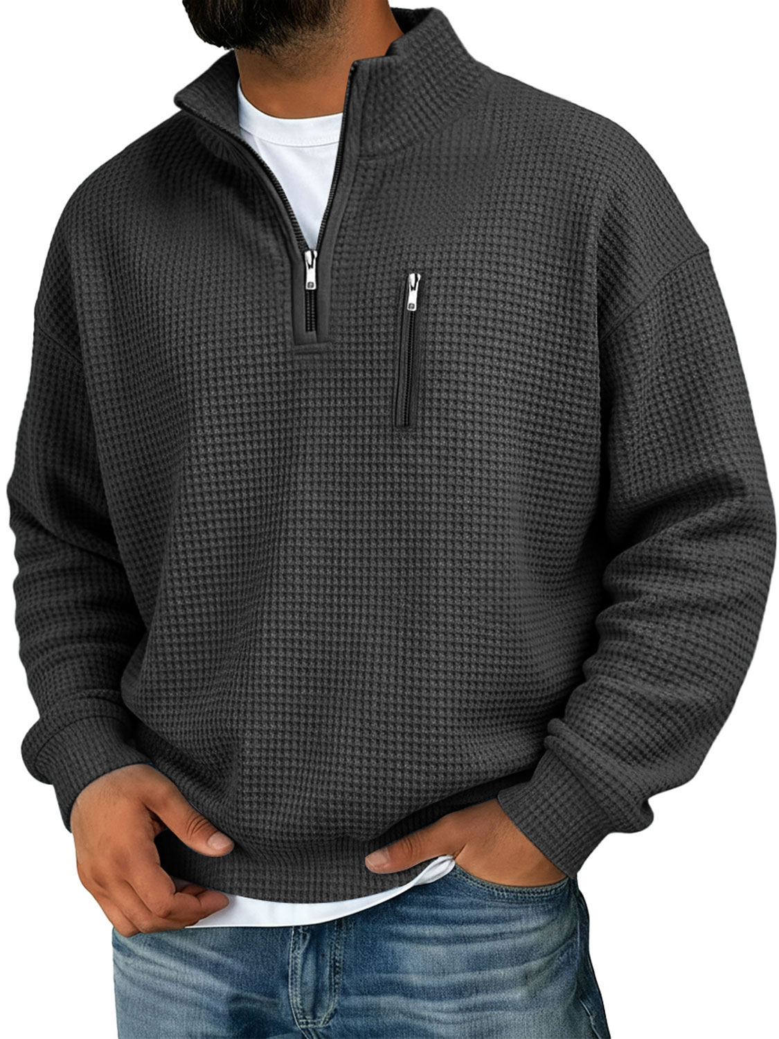 Herren Waffel Stehkragen Reißverschluss Freizeit Einfarbiger Sweatshirt-deurabatt