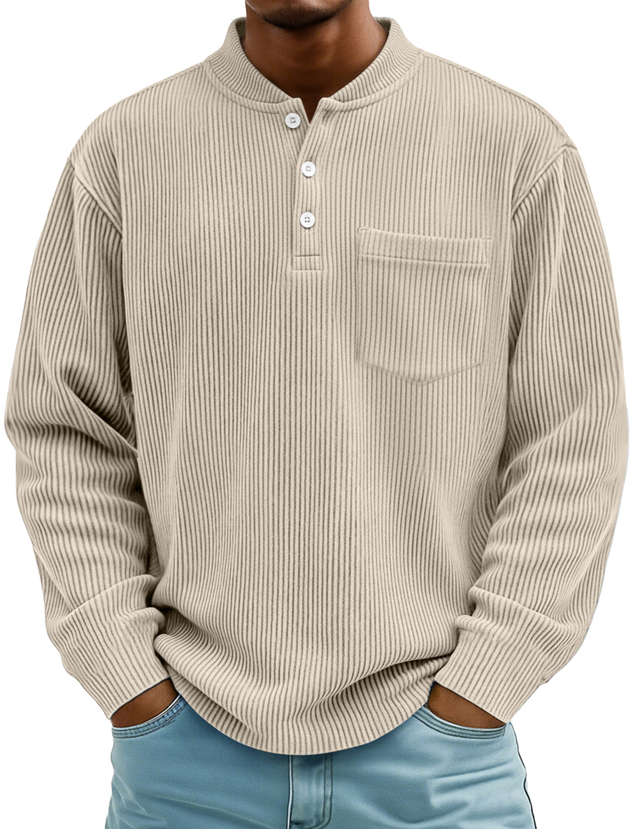 Herrenmode Ridge Stehkragen Knopf Freizeit Taschen Henley Shirt-deurabatt