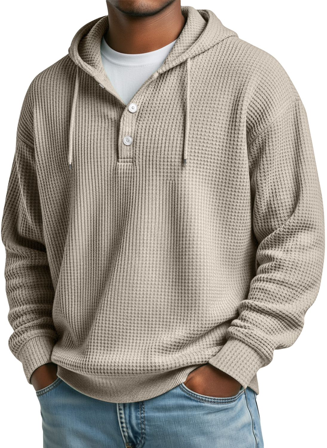 Herren Waffel Freizeit Kapuzenknopf Lockere Sweatshirt-deurabatt