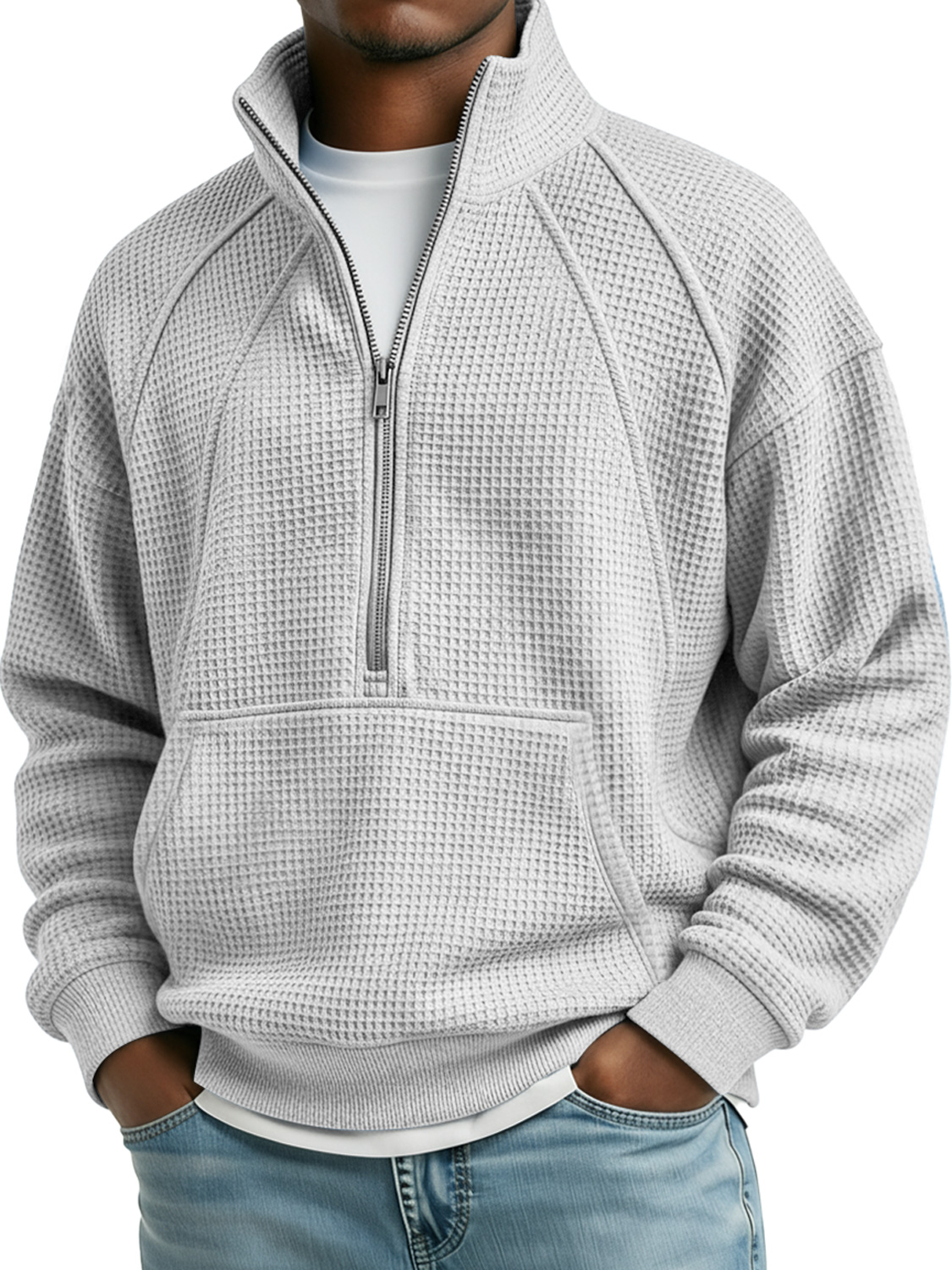 Herren Waffel Stehkragen Reißverschluss Raglan Freizeit Tasche Sweatshirt-deurabatt