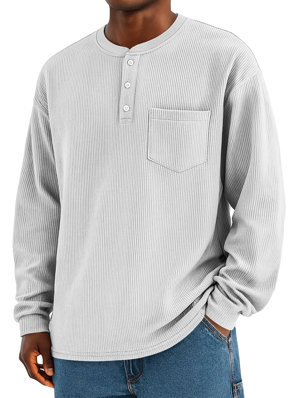 Männliches modisches Alltags-Ripp-Taschen-Casual Langarm-Henley-Shirt-deurabatt