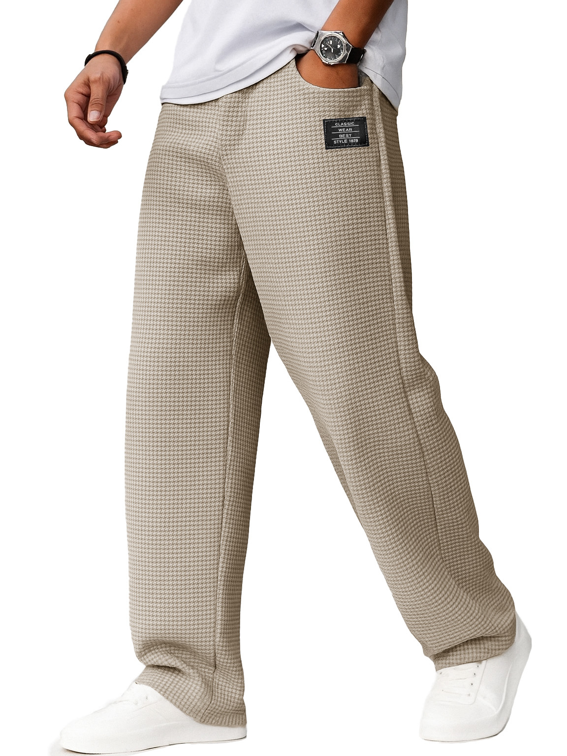 Herrenmode Alltags-Waffelstoff Besticktes Logo Kordelzug Lockere Elastische Taille Taschenhose-ZierMode