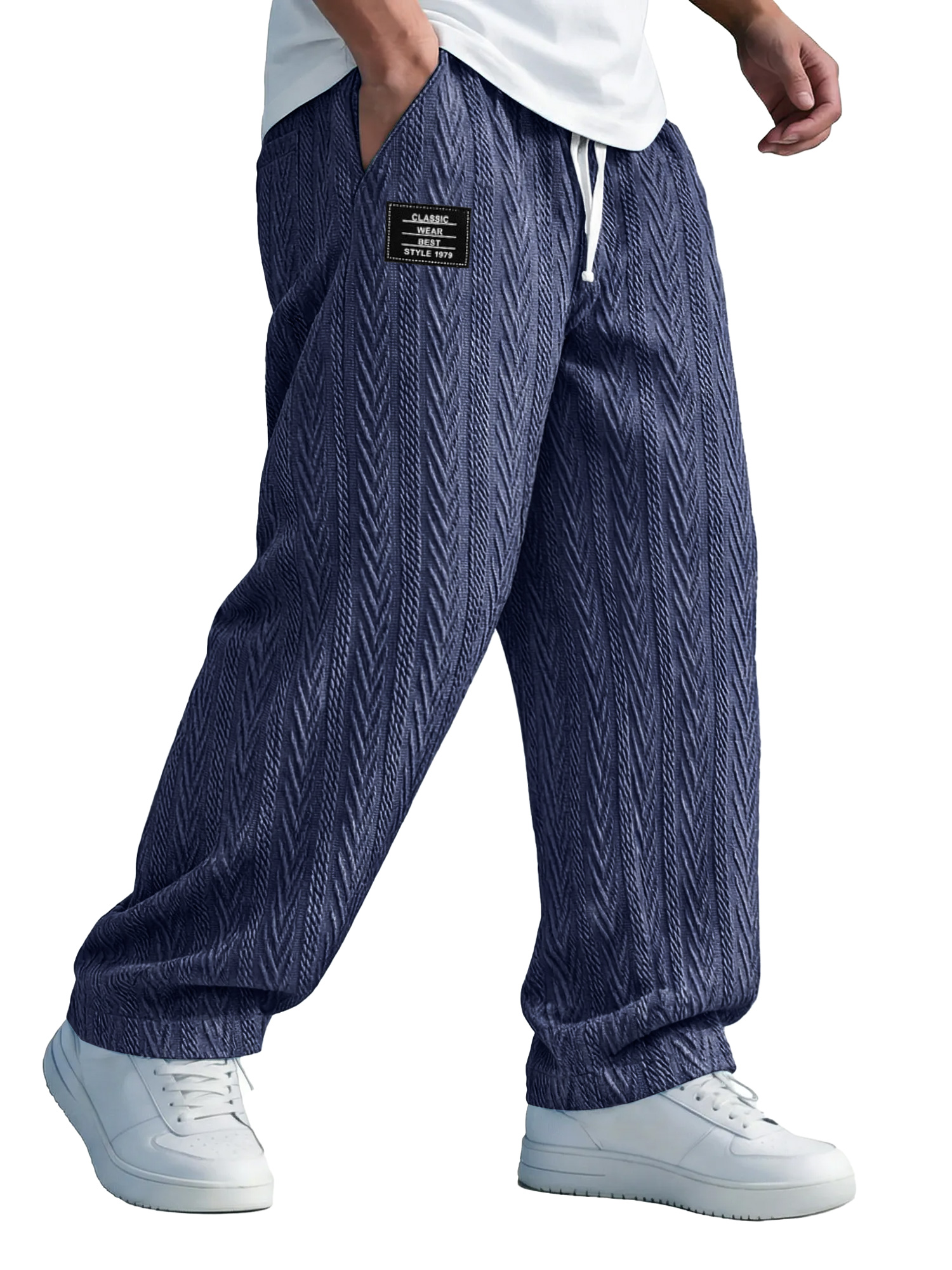 Herren einfarbige Jacquard-Textur Freizeit-Hosen mit elastischem Bund und gesticktem Logo.-deurabatt
