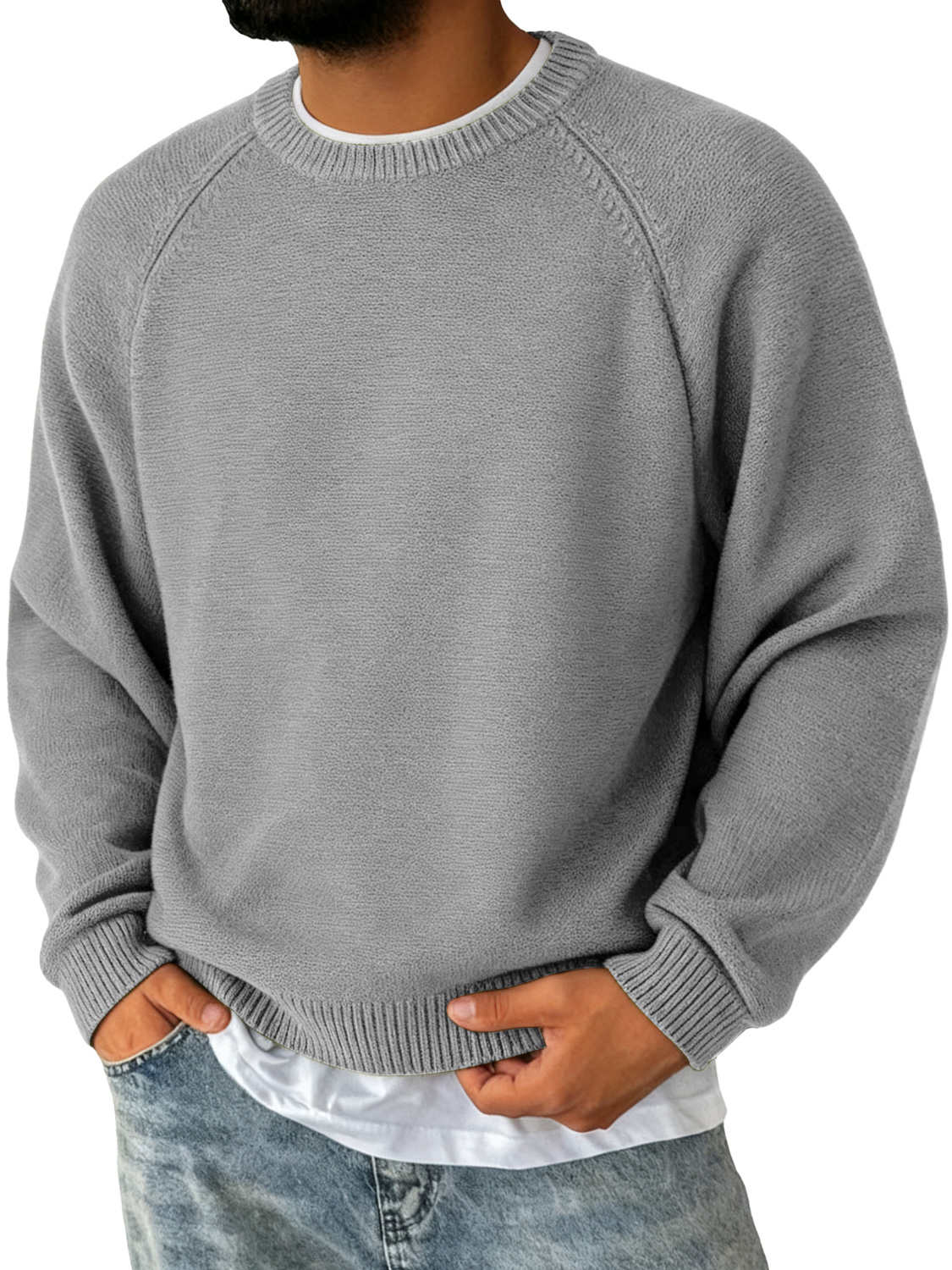 Herren Einfacher Rundhalsausschnitt Raglanärmel Freizeit Bequemer Pullover-deurabatt