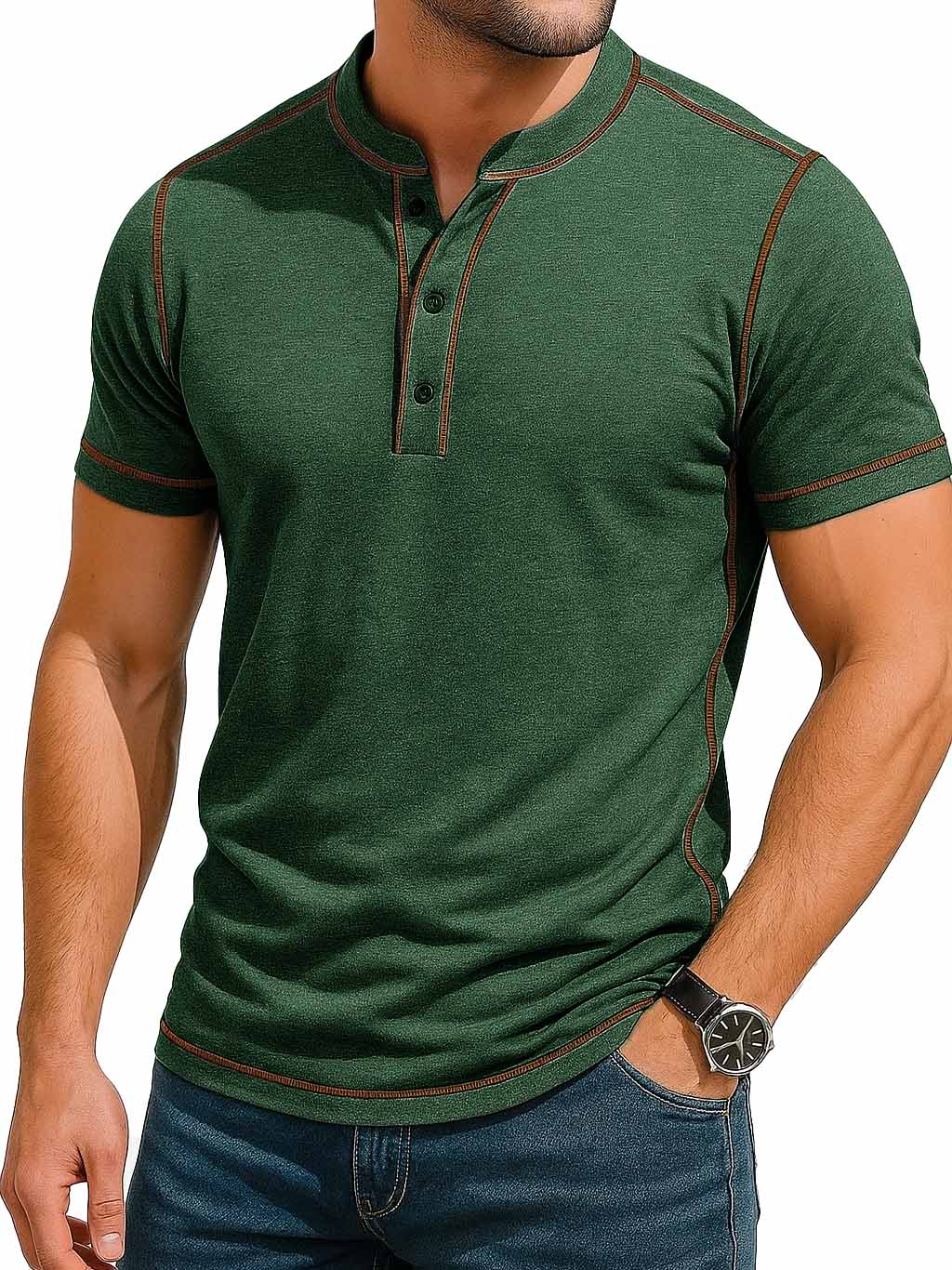 Herrenmode Retro Kontrastfarbe Linie Kurzarm Henley Shirt-deurabatt