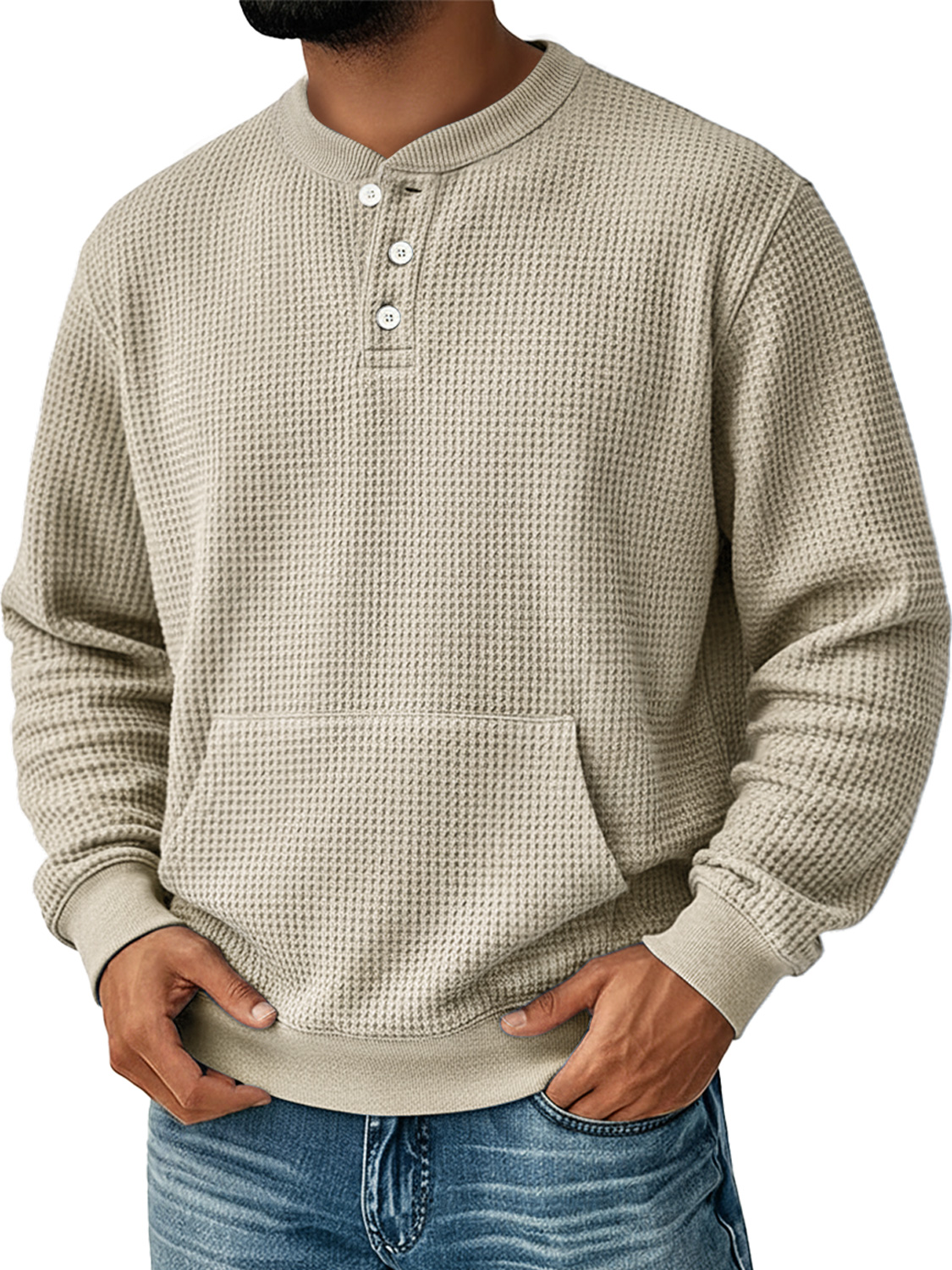 Herren Einfaches Waffel Stehkragen Knopf Freizeit Tasche Sweatshirt-deurabatt