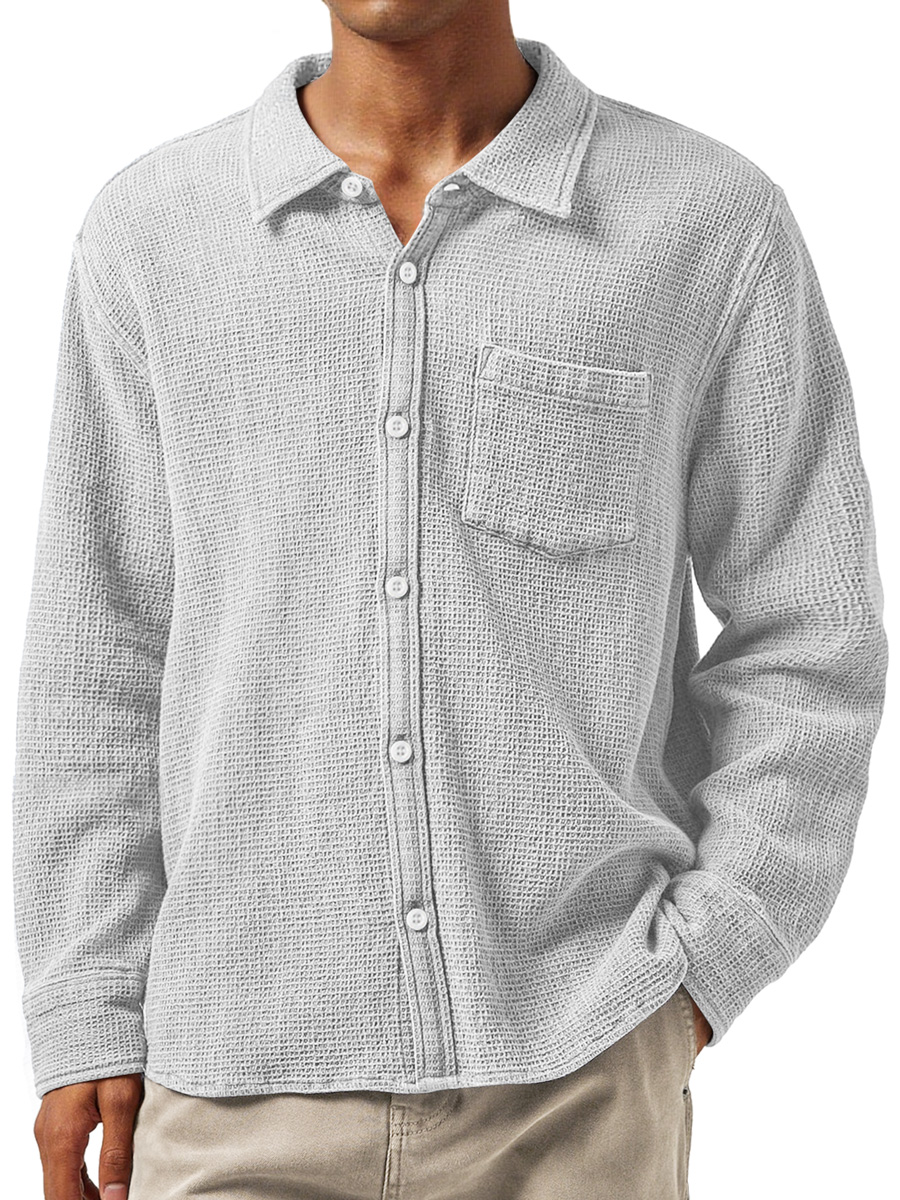 Herren Daily Waffle Texture Revers Tasche Lässige Langarmshirt-deurabatt