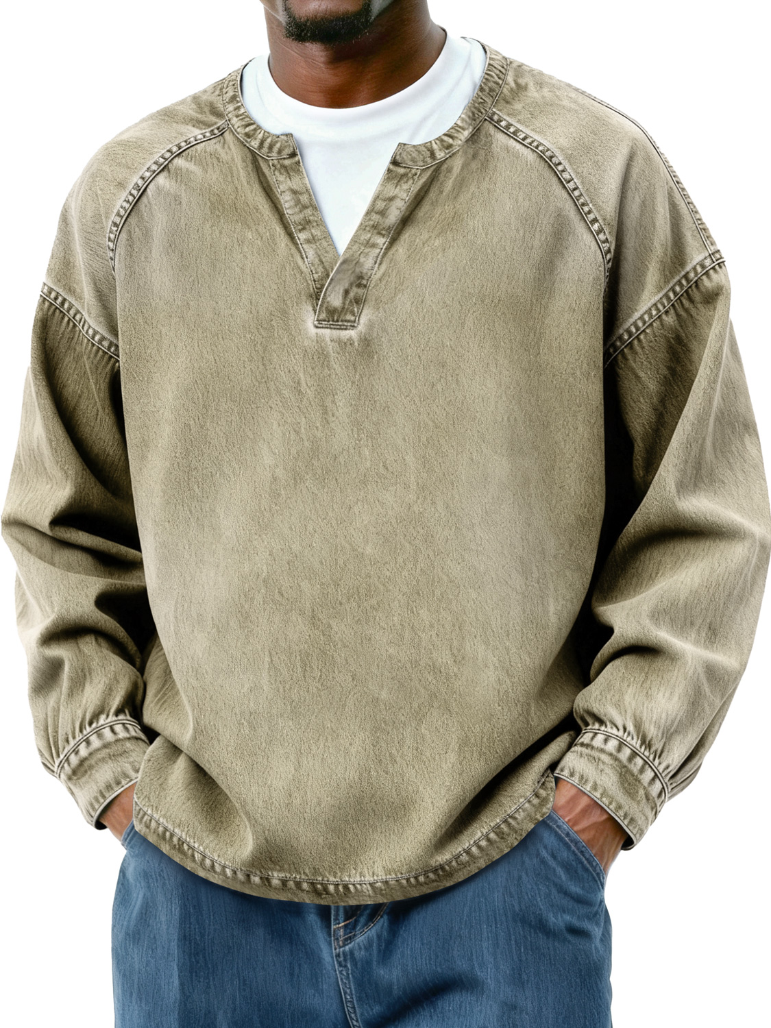 Herren Retro Faux Zwei-Teile Raglan Patchwork Freizeit Langarm T-Shirt-deurabatt