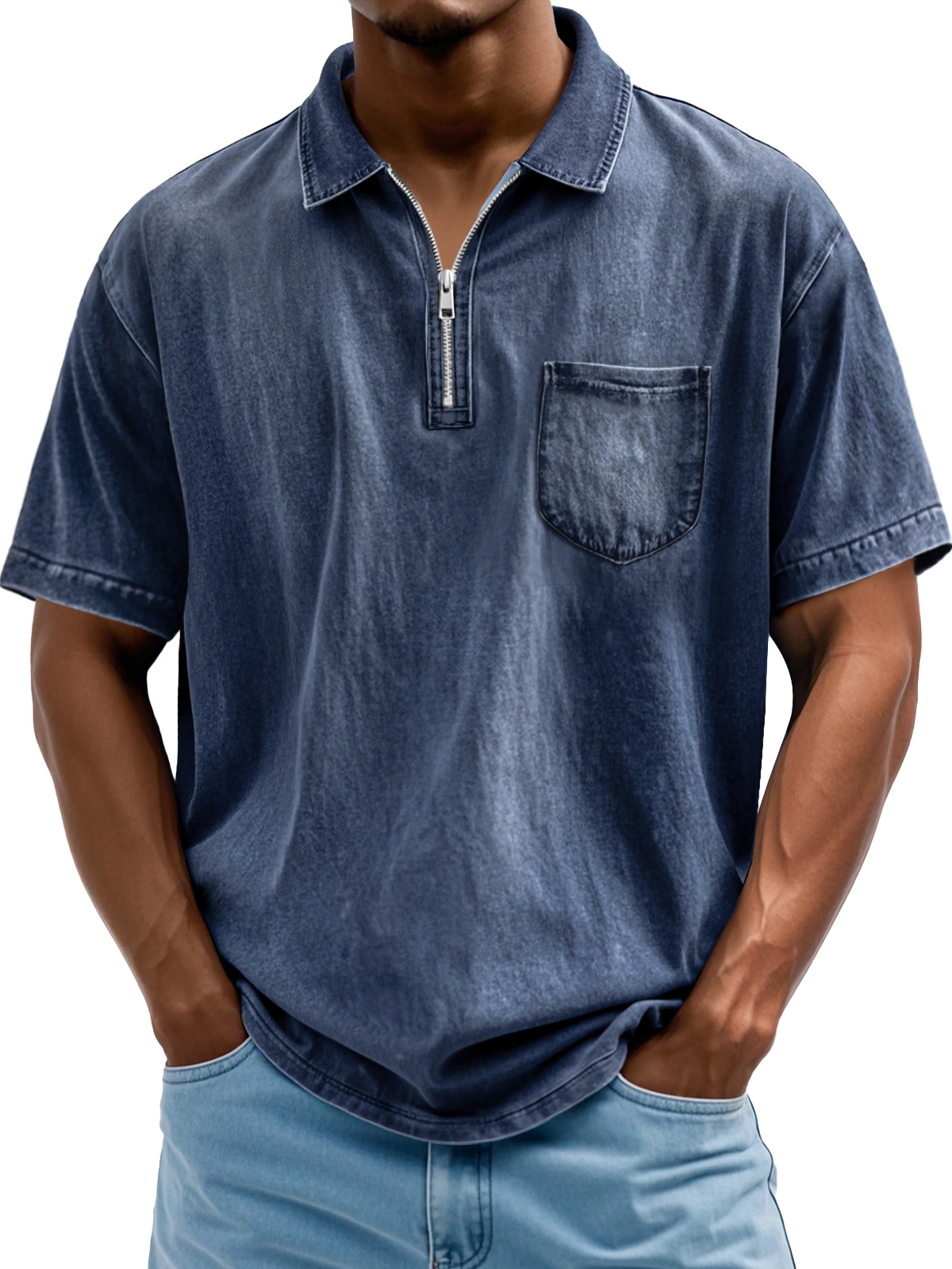 Herrenmode Retro Revers Reißverschluss Freizeit Kurzarm POLO Hemd-deurabatt