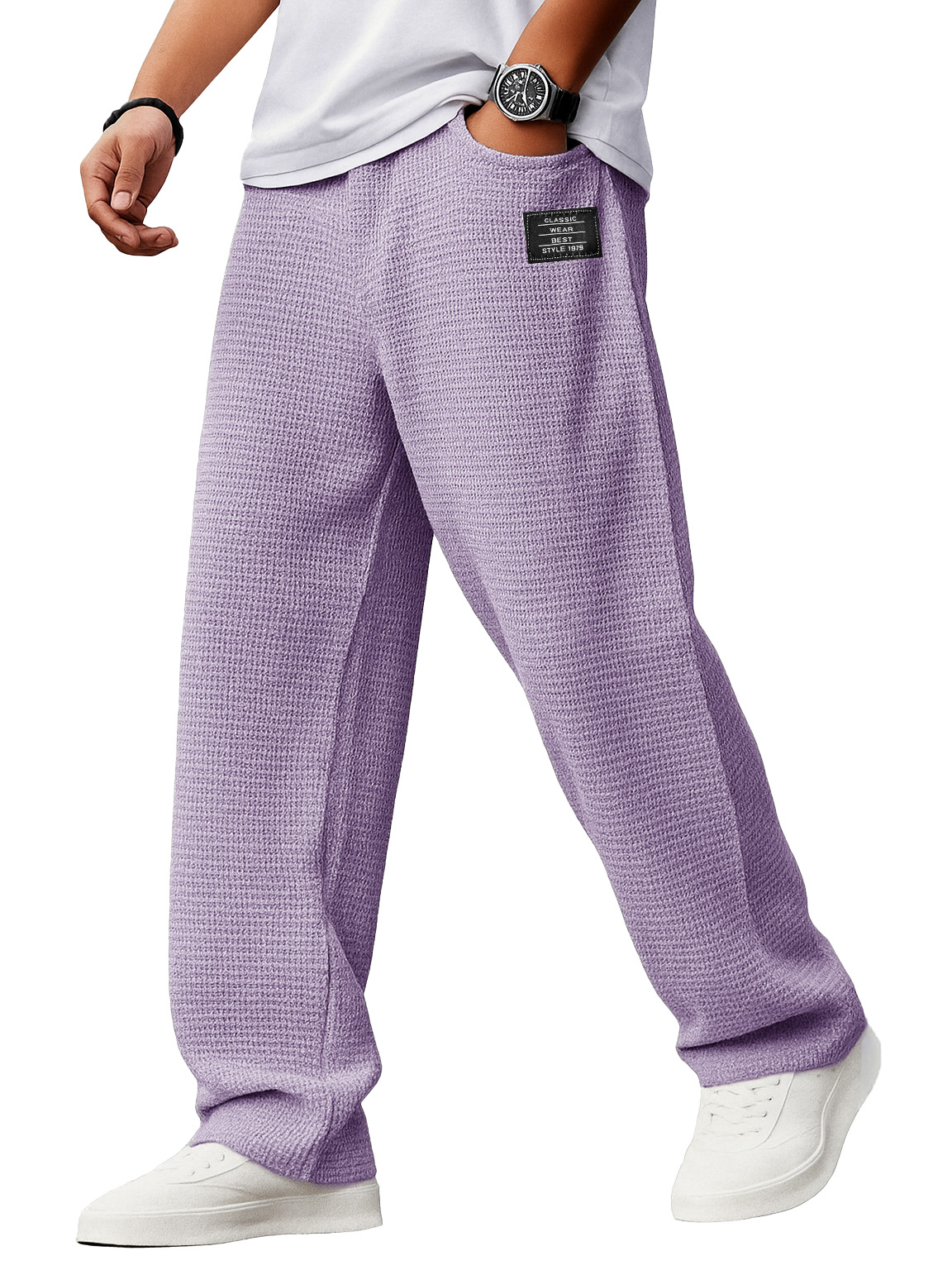 Herren Stylische Alltags-Waffelstoff-Hosen mit lockerer Passform, Kordelzugbund und gesticktem Logo-ZierMode
