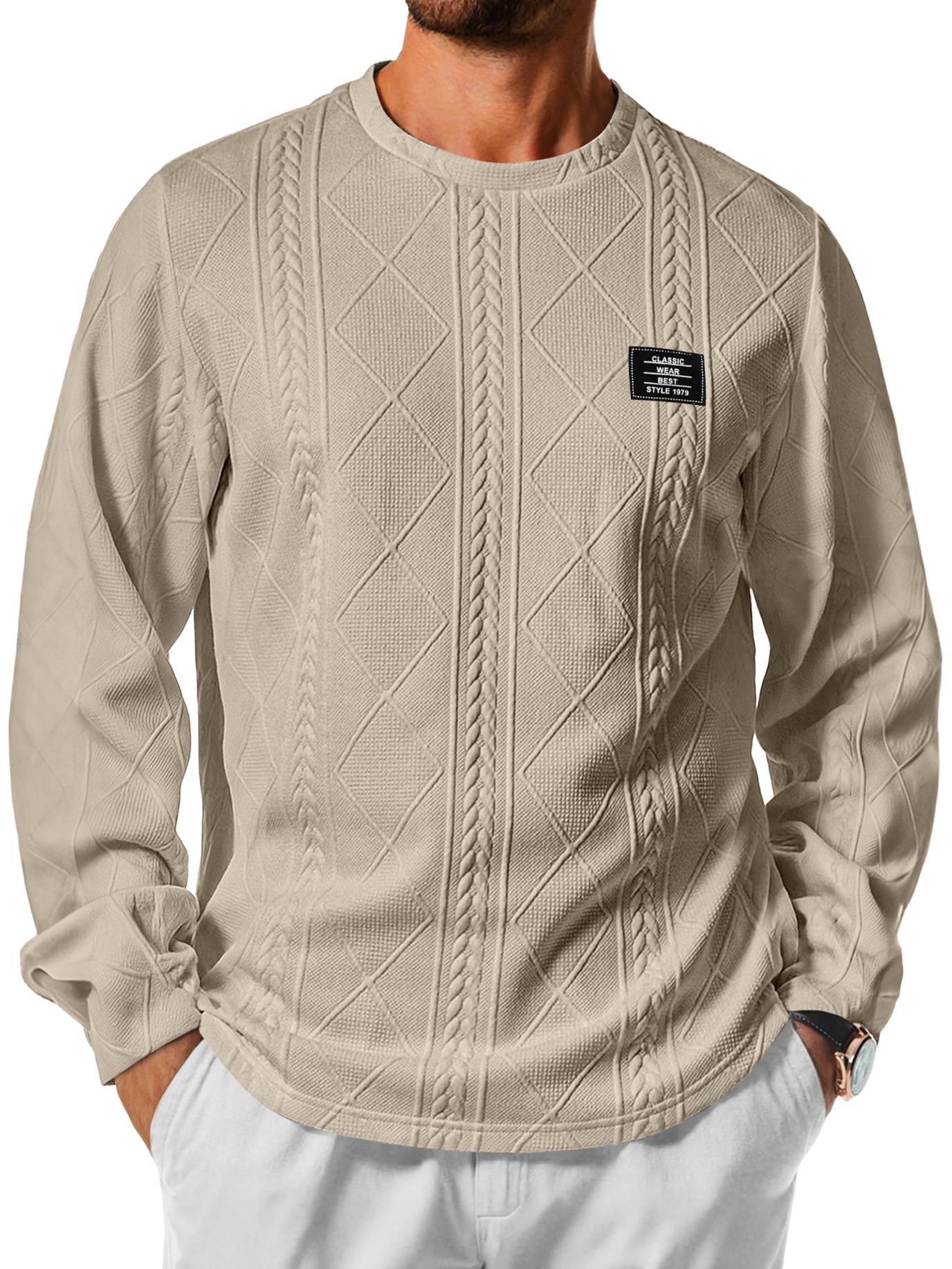 Herren Daily Rundhals Jacquard-Textur Besticktes Logo Lässiges Langarm-T-Shirt-deurabatt