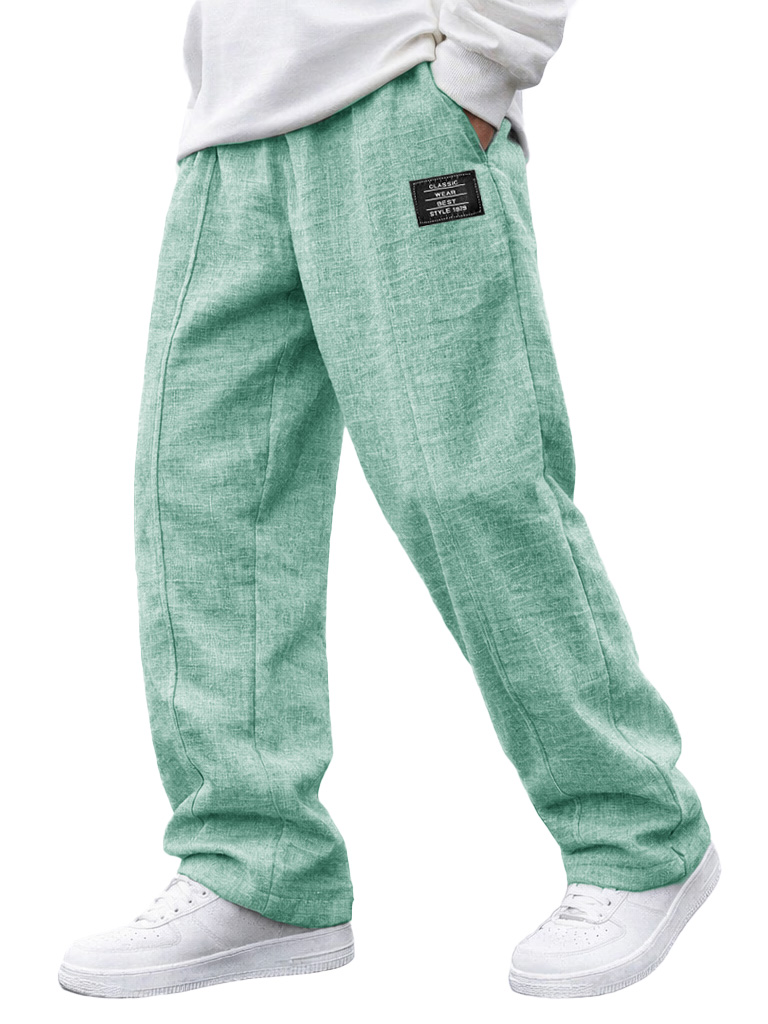 Herren modische lässige Leinenhosen mit elastischem Bund, bestickte Logo-Taschen-deurabatt
