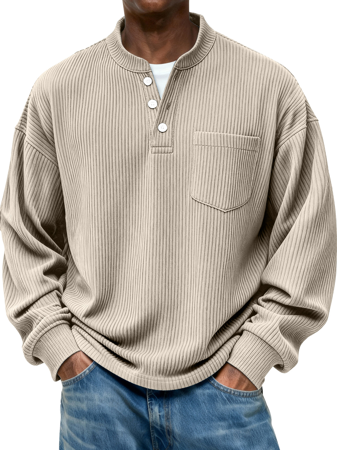 Herren Stehkragen Knopf Ripp Casual Tasche Langarm Henley Shirt-deurabatt