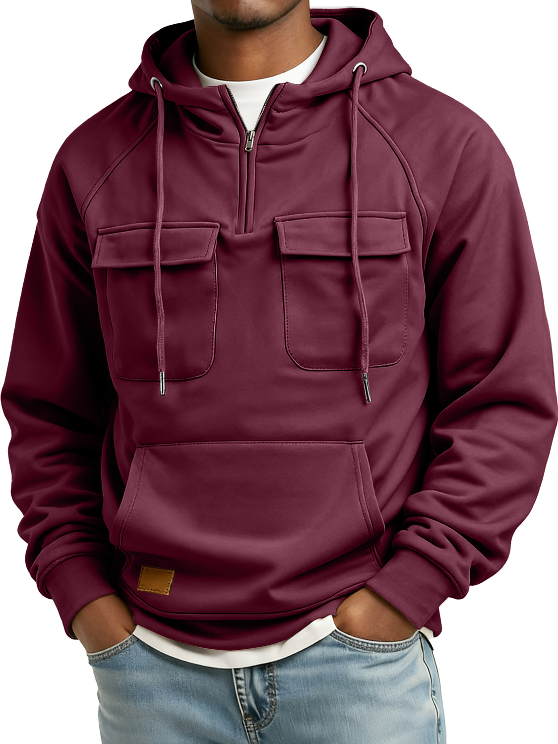 Herren Retro Reißverschluss Doppelter Taschen Besticktes Logo Freizeit Hoodie-deurabatt