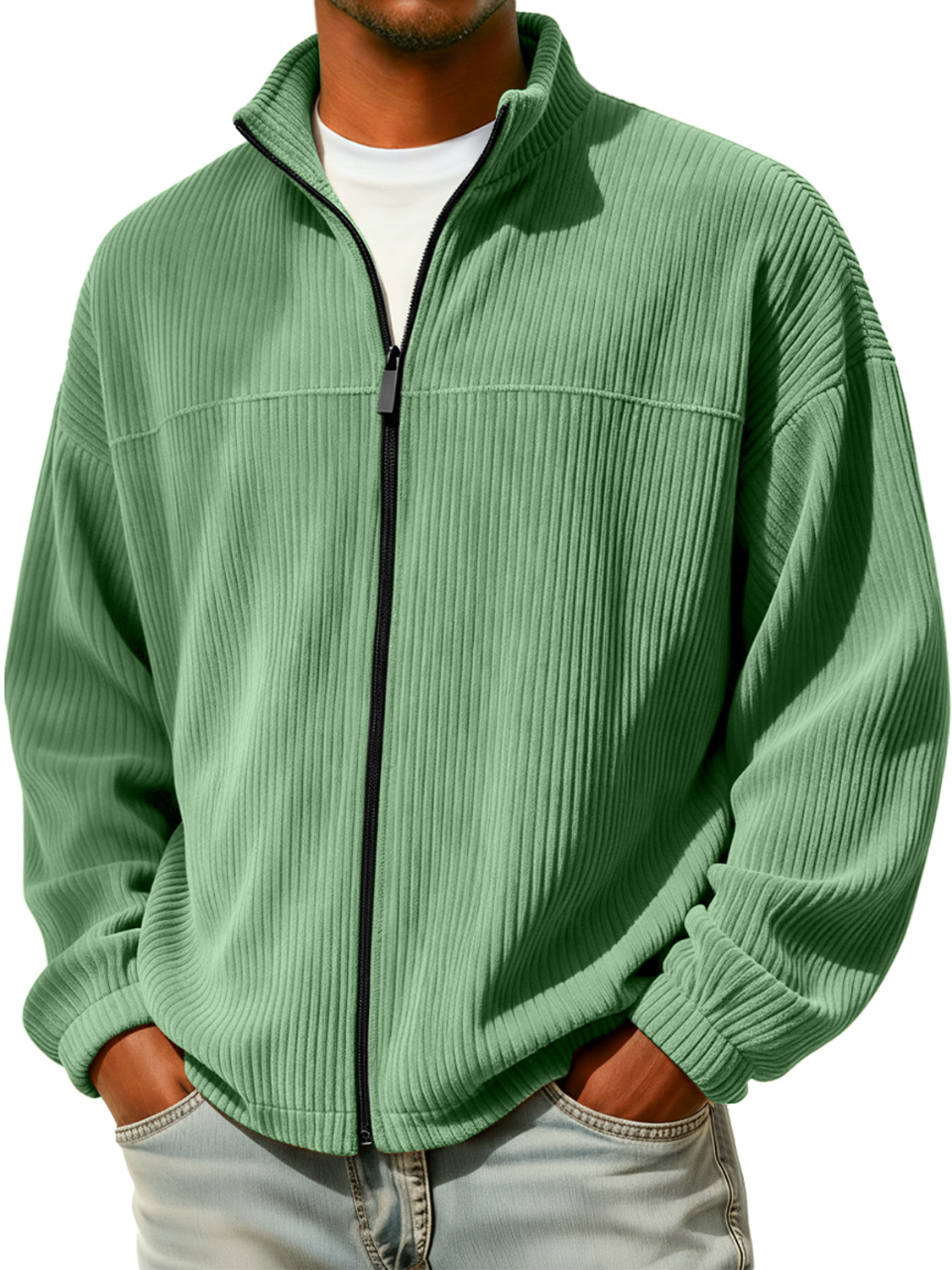 Herren einfache Stehkragen Reißverschluss Cord-Jacke casual-deurabatt