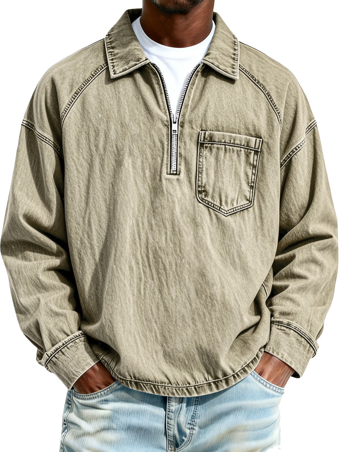 Herren Retro Raglan-Kragen Reißverschluss Freizeit Tasche Langarm Polo-Shirt-deurabatt