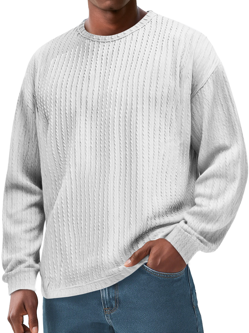 Herren Daily Rundhals Jacquard Struktur Freizeit Einfarbig Langarm T-Shirt-deurabatt