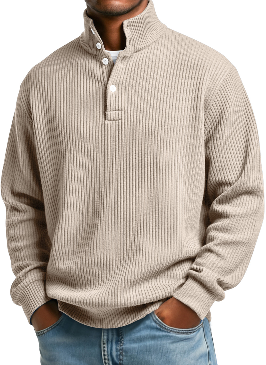 Herren Sweatshirt mit vertikalen Streifen, Stehkragen, Knopf, lässig und locker-deurabatt