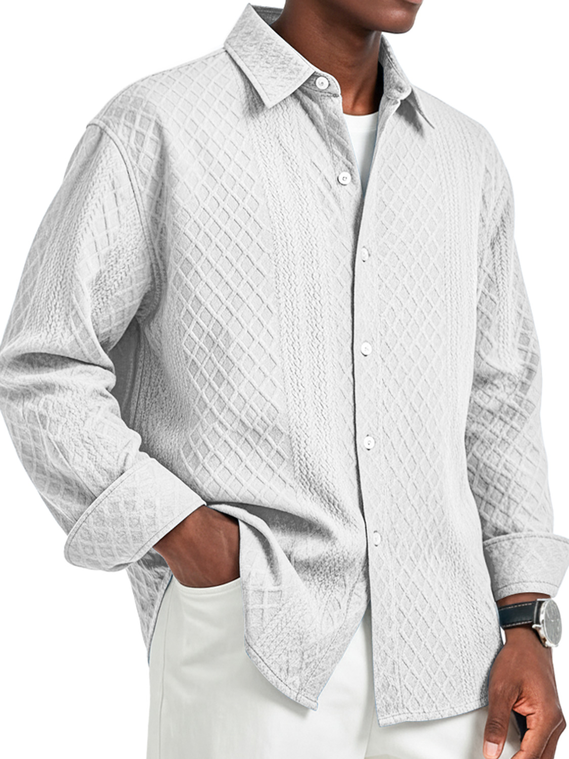 Herren Daily Jacquard Struktur Freizeit Revers Langarmhemd-deurabatt
