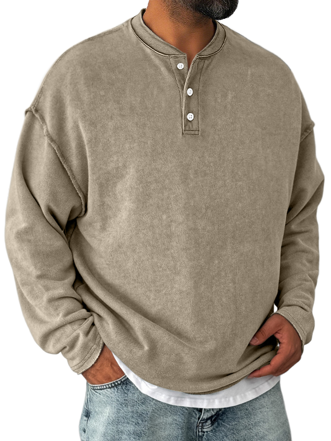 Herren Retro Freizeit Stehkragen Knopf-Down Langarm Henley Shirt-deurabatt