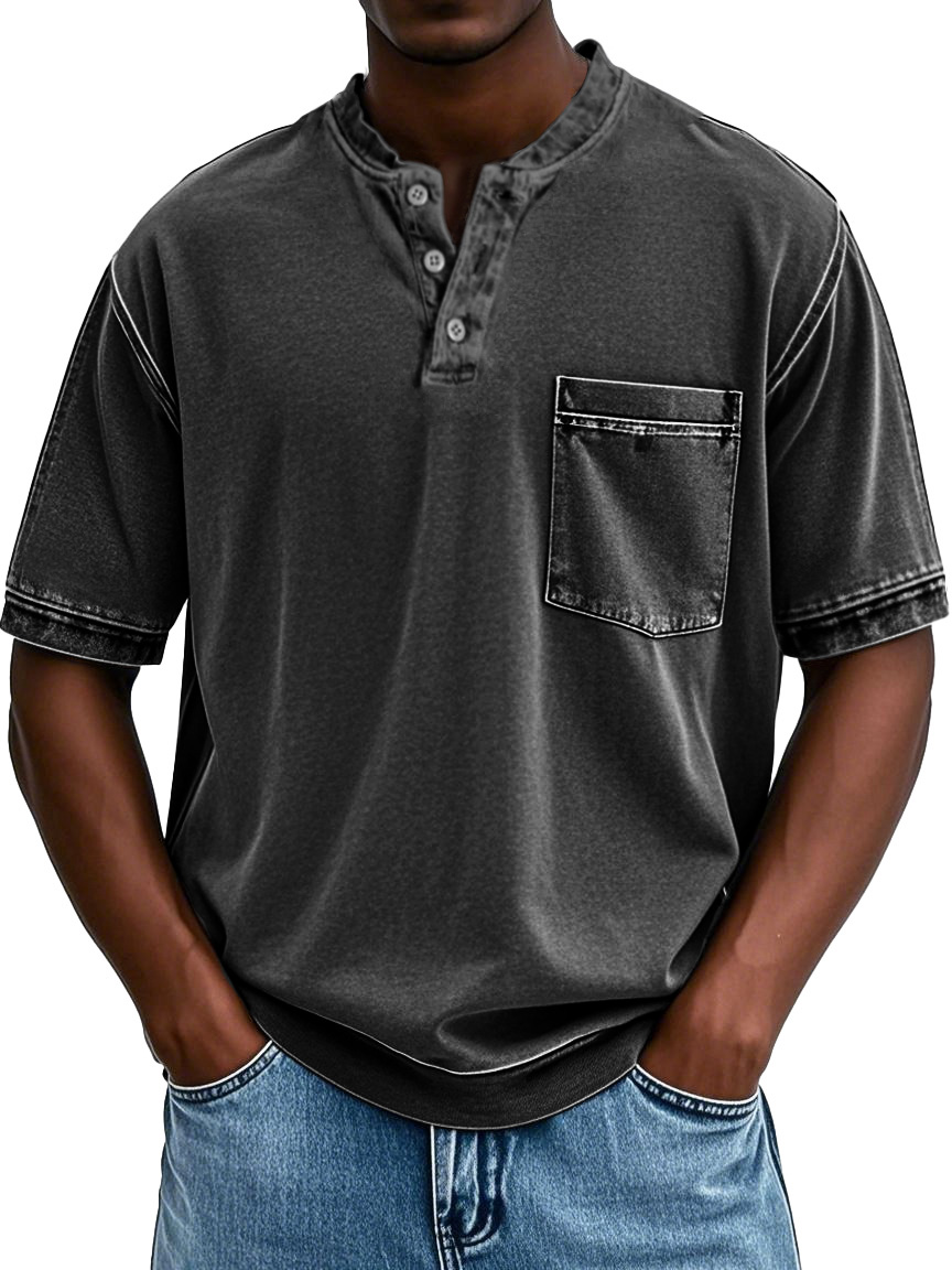 Herrenmode Retro Rundhals Tasche Kurzarm Henley Shirt-deurabatt