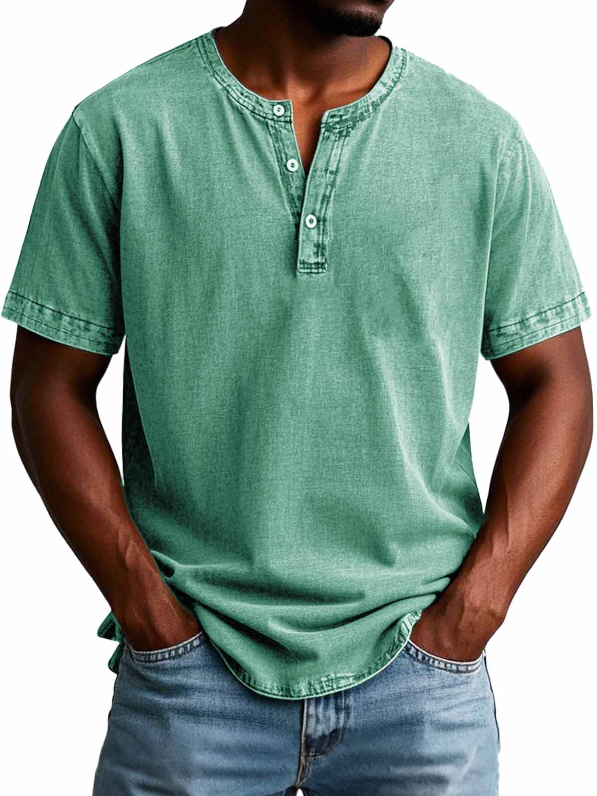 Herrenmode Vintage Verwaschenes Kurzarm-Henley-Shirt-deurabatt