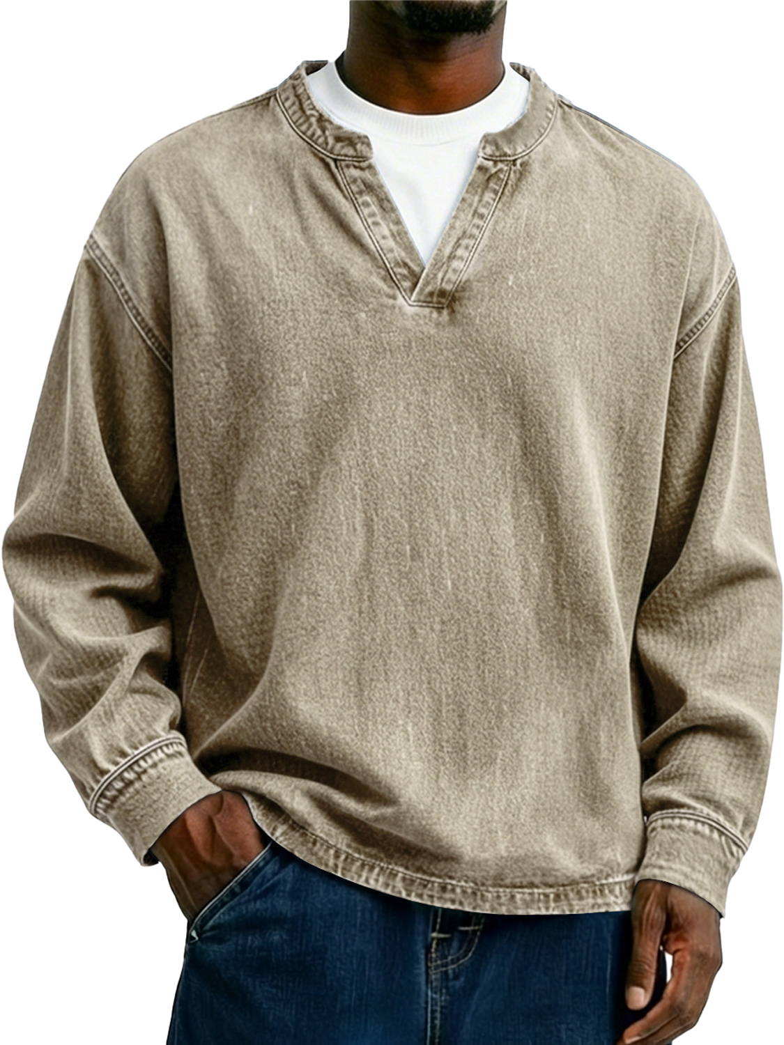Herren Vintage-Stil Freizeit Langarm-T-Shirt mit einem Faux-Zweiteiler Doppelkragen-Design-deurabatt