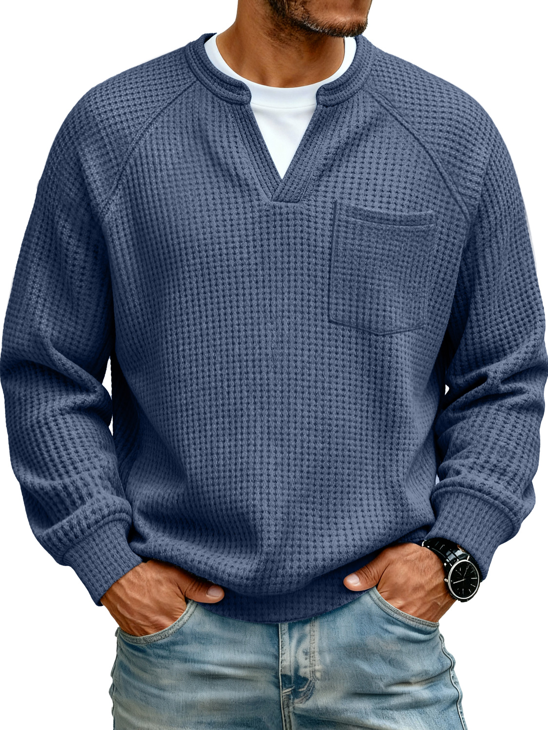 Herren Raglan Waffelstrick Faux Zwei-Teile Freizeit Tasche Langarm T-Shirt-deurabatt