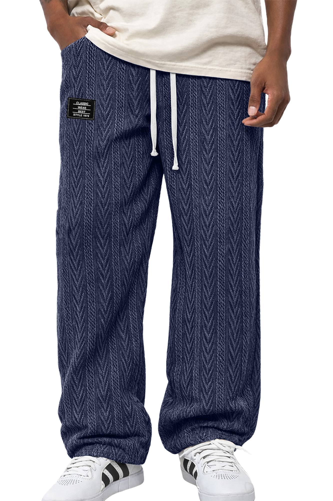 Herren Freizeit Jacquard Strukturierte Bestickte Logo Elastischer Bund Lockere Hose-deurabatt
