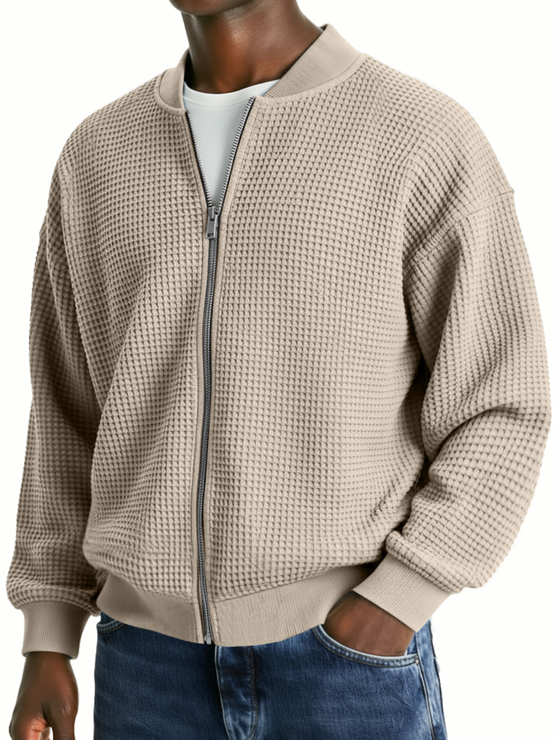 Herren-Waffelstrickjacke, lässig, locker, mit Reißverschluss-deurabatt