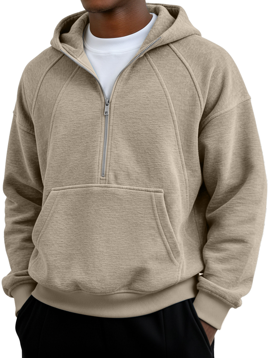 Herren Einfaches Raglanärmel Patchwork Reißverschluss Kapuzen Freizeit Tasche Sweatshirt-deurabatt