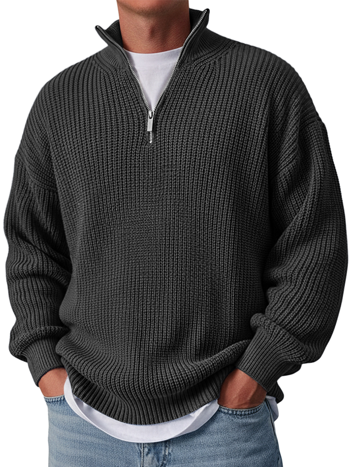 Herren Einfacher Lässiger Lockere Stehkragen Reißverschluss Einfarbiger Pullover-deurabatt