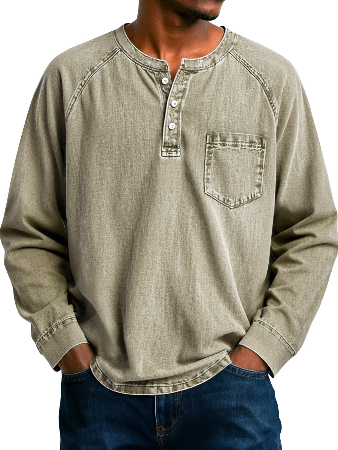 Herren Retro Raglan Tasche Lässiges Langarm-Henley-Shirt-deurabatt