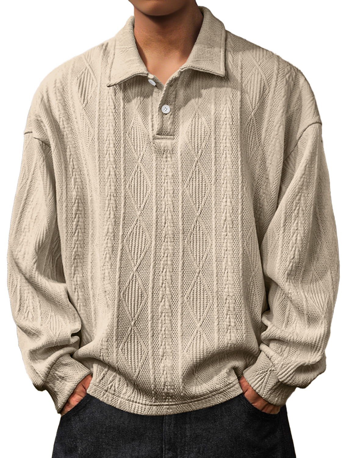 Herren Daily Jacquard Struktur Revers Knopf Langarm Polohemd-deurabatt