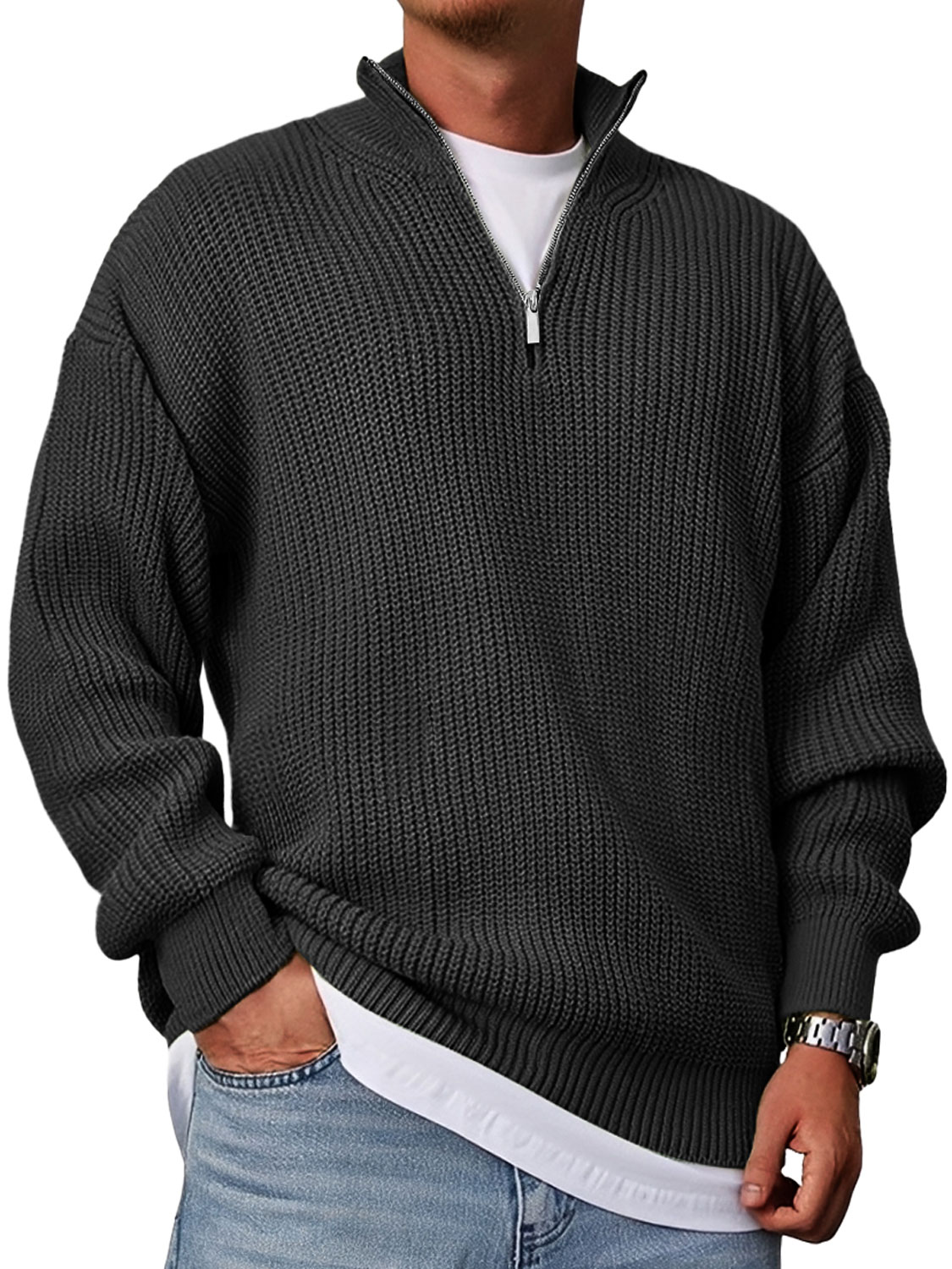 Herren Freizeitmode Lockere Stehkragen Reißverschluss Einfarbiger Pullover-deurabatt