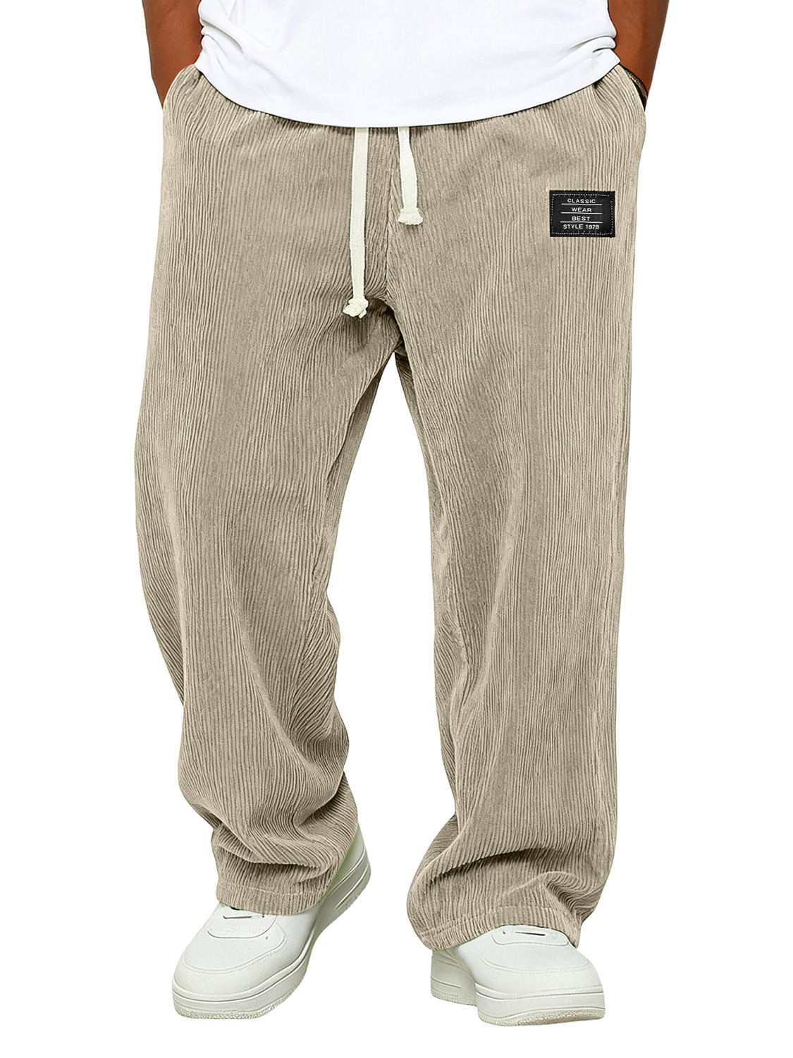 Einfache Corduroy Bestickte Logo Locker sitzende Hose mit elastischem Bund-deurabatt