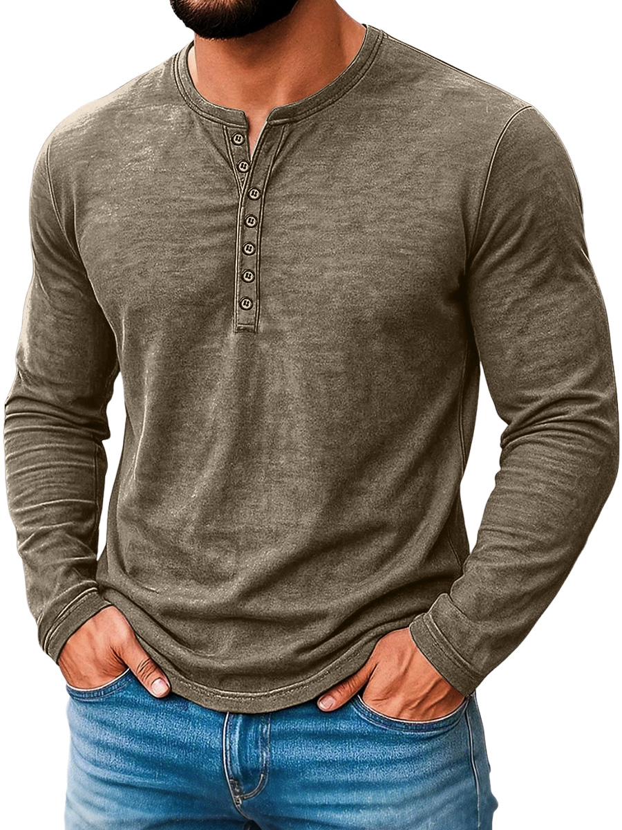Herren Vintage Abgenutztes Baumwolle Lässig Knopf-Down Langarm Henley Hemd-deurabatt