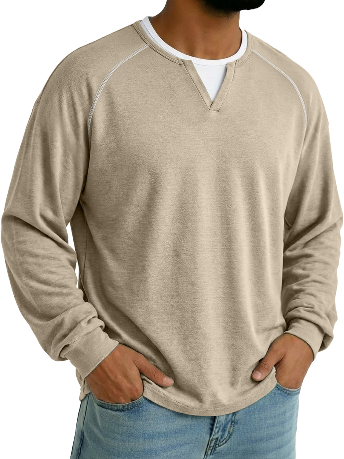 Herren Faux Zweiteilig Doppel-Lagen Kragen Raglan Ärmel Lässiges Langarm T-Shirt-deurabatt
