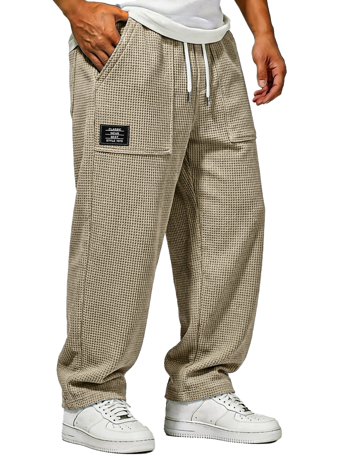 Herren Waffelstrick Freizeitlockere Hose mit aufgesetzten Taschen und gesticktem Logo-deurabatt