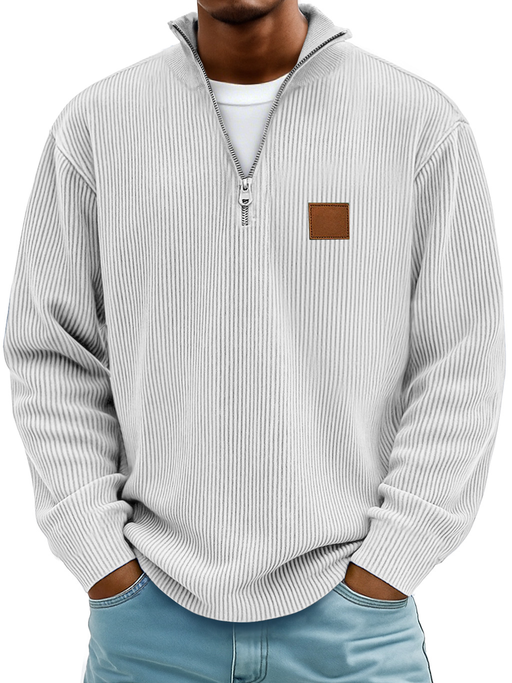 Herren Logo Bestickte Gestreifte Stehkragen Reißverschluss Freizeit Langarm T-Shirt-deurabatt